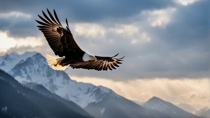bald eagle flyin over mountains with wings spread, sunlight coming from behind
