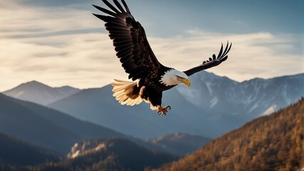 Naklejka premium bald eagle flyin over mountains with wings spread, sunlight coming from behind 