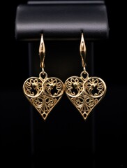 two gold earrings with intricate hearts design surrounded by lights,
