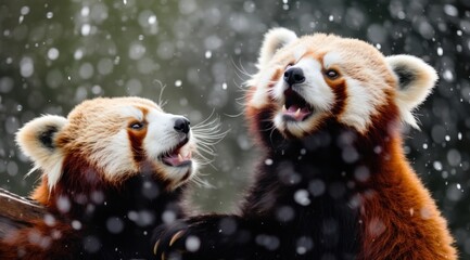 two red panda cubs fighting in the rain with each other,