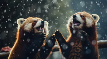 Poster two red panda cubs fighting in the rain with each other, © ArtCookStudio