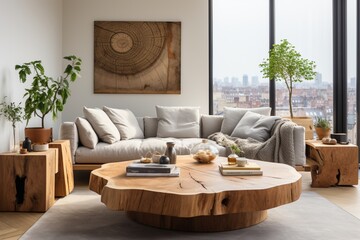 Two wooden live-edge stump coffee tables accompany a corner sofa in a spacious apartment, epitomizing Scandinavian minimalist home interior design in a modern living room - obrazy, fototapety, plakaty
