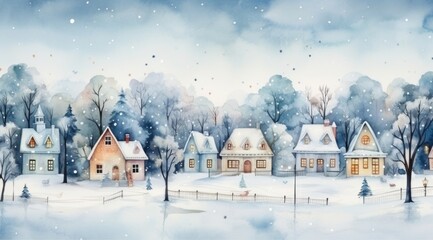 Fototapeta premium watercolor christmas village of cottages yankee townscape,