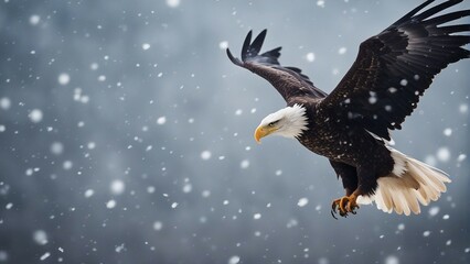 Fototapeta premium bald eagle flying towards the camera in snowfall