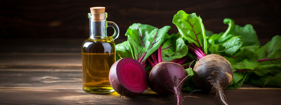 bottle, jars of beet essential oil extract