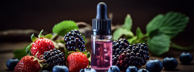 bottle, jars of essential oil extract, berry mix