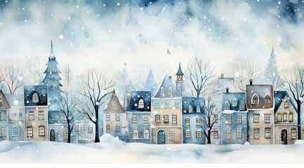 watercolor christmas village of cottages yankee townscape,