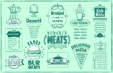 Old style menu list with breakfast and lunch, appetizers, desserts, drinks and kids menu meals