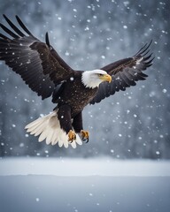 bald eagle flying towards the camera in snowfall 

