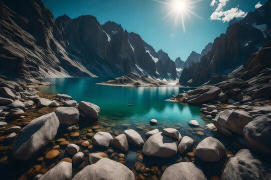 Lake and rocks. The unfamiliar planet's landscape. 3D picture.