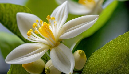Extreme close-up of a lemon tree in blossoms emerging fruits in the heart of spring