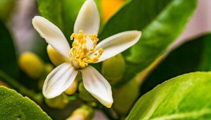 Fototapeta na wymiar Extreme close-up of a lemon tree in blossoms emerging fruits in the heart of spring