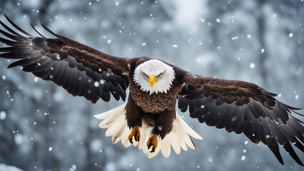 bald eagle flying towards the camera in snowfall

