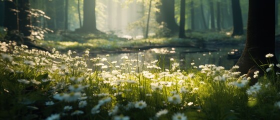 white flowers bloom in a forest,