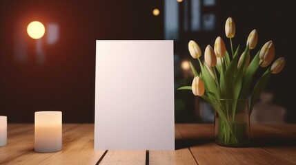White greeting card with blank front, realistic on a mockup template in a wooden table in a easter luxuty background in home inside