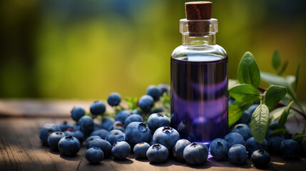bottle, jars of blueberry essential oil extract