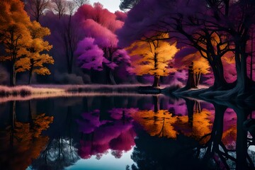 A purple lake reflects the moon and an autumn tree.