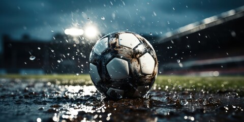 Soccer Ball on a Rainy Field Generative AI