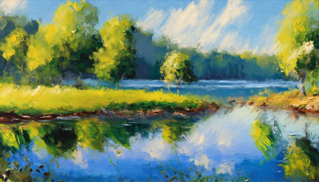 Beautiful Lake View in the Forest. Oil Painting Artwork