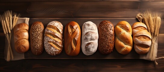Top view of several different types of bread, wheat and rye breads on wood background