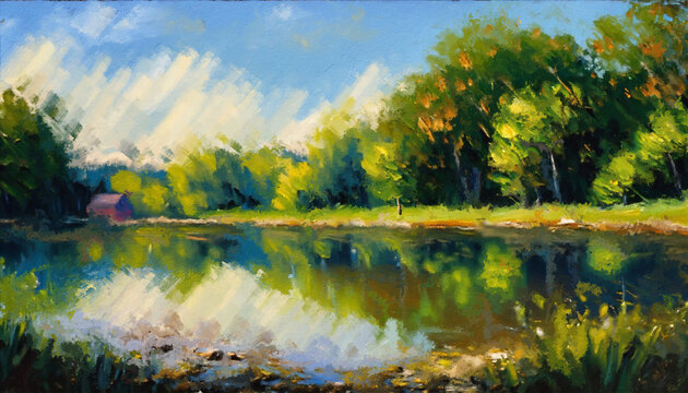 Beautiful Lake View in the Forest. Oil Painting Artwork
