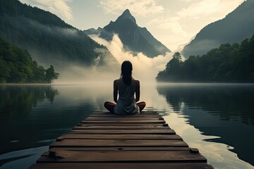 woman is meditating on a dock in the mountain - obrazy, fototapety, plakaty