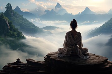 woman meditates, gazing into the fog from atop a cliff in mountains of valley