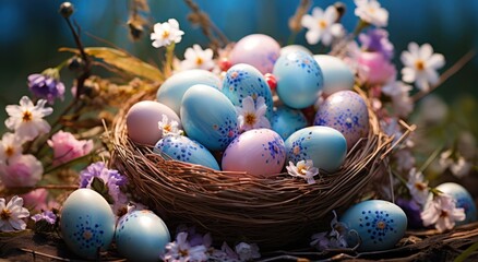 Fototapeta na wymiar a basket filled with easter eggs with flowers in the grass,
