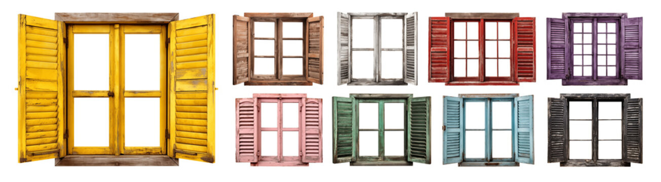 Rustic old farm window frame set - various colors - open shutters - Premium flawless pen tool cutout - Peeling old grungy worn simple wooden windows