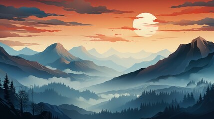 A mountain range in a bold color palette. AI generate illustration - obrazy, fototapety, plakaty
