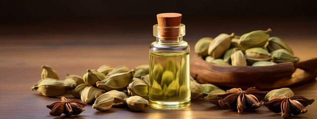 bottle, jars of cardamom essential oil extract . - obrazy, fototapety, plakaty