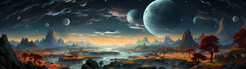 "Image of outer space, illustration, planets, and stars."