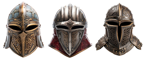 Helmet of a knight, set with different versions, isolated or white background - obrazy, fototapety, plakaty