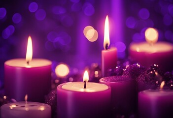 Obraz na płótnie Canvas Advent - Four Purple Candles With Mystery Lights