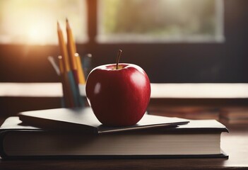 Apple on books with pencils and empty blackboard - back to school