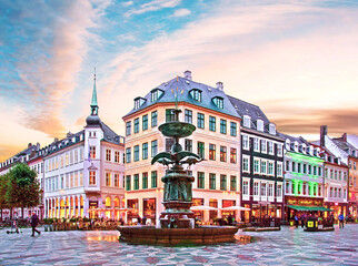 Copenhagen, Denmark – August, 15: Stork Fountain on the Amagertorv (Amager Square) and the...