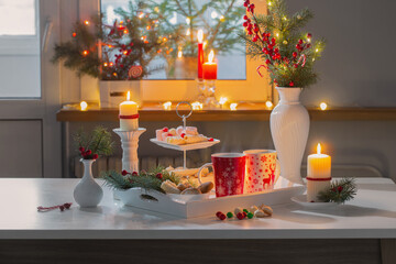 christmas decor and red cups with hot drink on kitchen