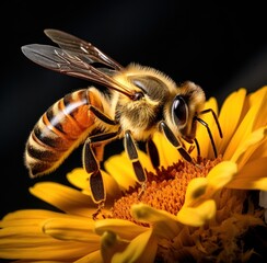 a bee on a black background with a yellow flower,