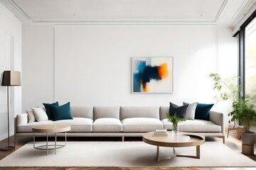 An empty living room with clean white walls, featuring a single piece of abstract art as the focal point