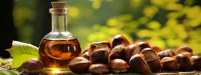 bottle, jars of essential oil extract chestnut - obrazy, fototapety, plakaty
