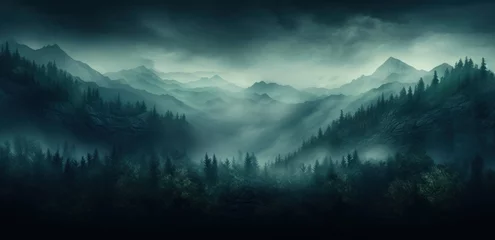 Foto auf Alu-Dibond a big mountain forest covered with fog and trees, © ArtCookStudio