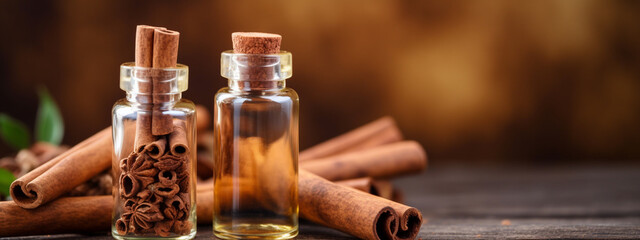bottle, cans of cinnamon extract essential oil