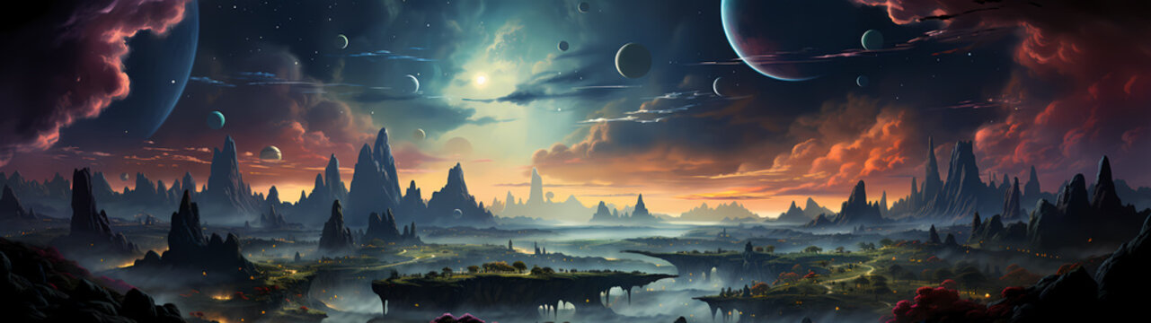 "Image of outer space, illustration, planets, and stars."
