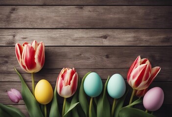 Tulips And Painted Eggs On Vintage Wooden Plank - Easter Background