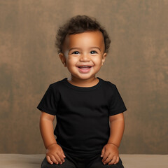 Cute baby wearing a plain black t-shirt mockup (generative ai)