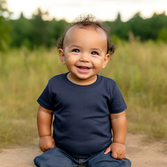 Naklejka na ściany i meble Cute toddler wearing a navy t-shirt (generative ai)