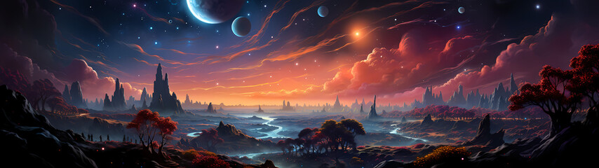 "Image of outer space, illustration, planets, and stars."