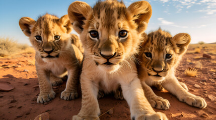 Obraz premium a group of young small teenage lions curiously looking straight into the camera in the desert