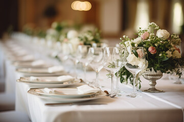 Tables set with white plates and flowers for an event party or wedding reception