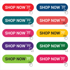 Shop now button with hand cursor. Buy now hand pointer clicking. Shop now set of 8, Modern collection for web site. Click here banner with shadow. Online shopping. Vector illustration